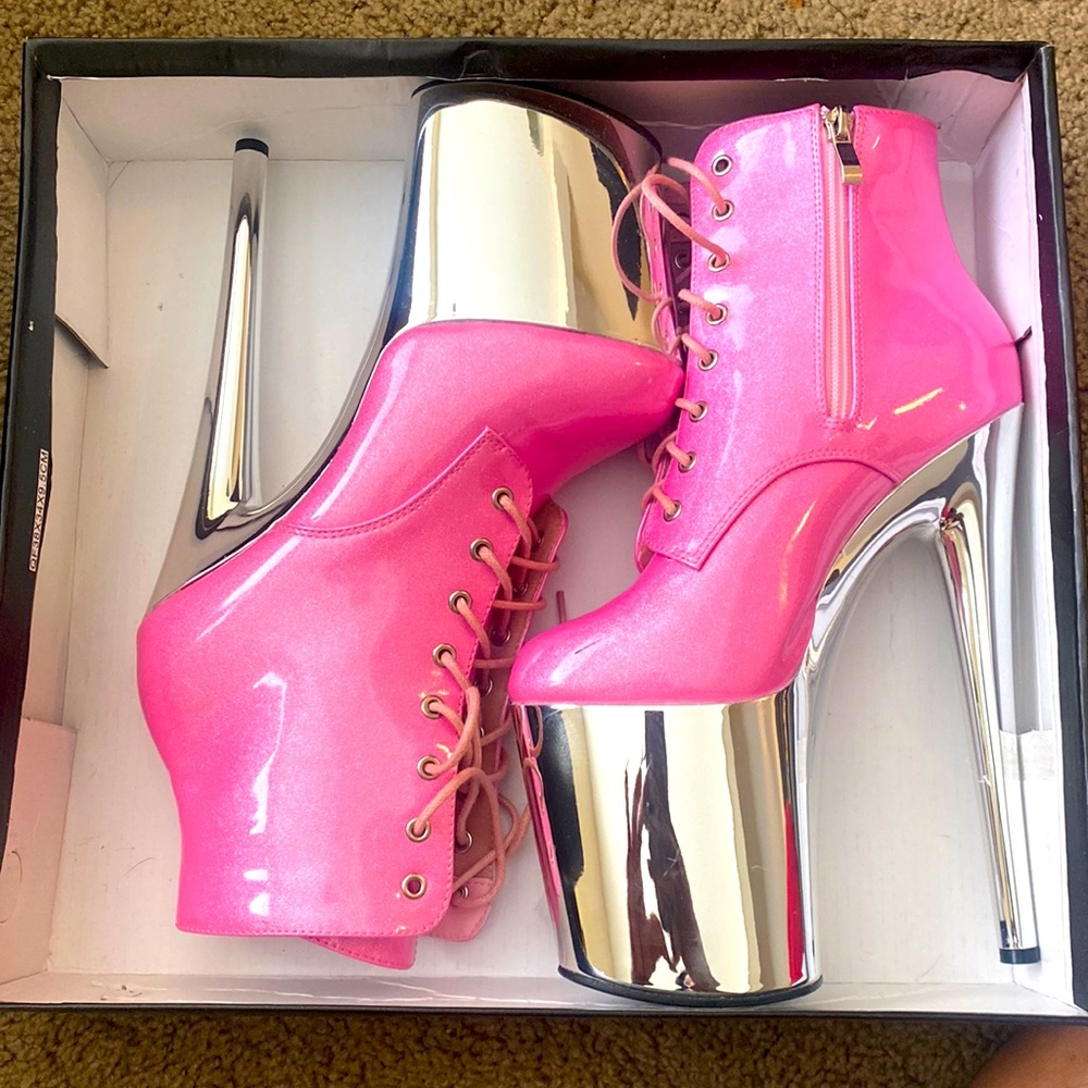 Pink Glitter Platform Ankle Boots 8” silver heel